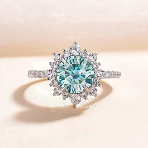Certified 2.0ct Diamond Halo Ring White Gold Brilliant Cut Blue Moissanite 925